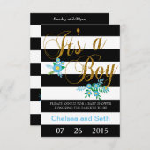 白黒のストライプ|青のフローラ|ベビーシャワー 招待状