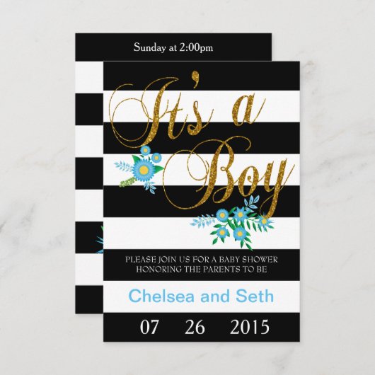 白黒のストライプ|青のフローラ|ベビーシャワー 招待状 (正面/裏面)
