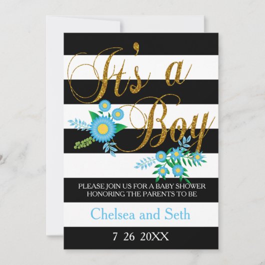 白黒のストライプ |青のフローラ |ベビーシャワー 招待状 (正面)