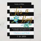 白黒のストライプ |青のフローラ |ベビーシャワー 招待状 (正面/裏面)