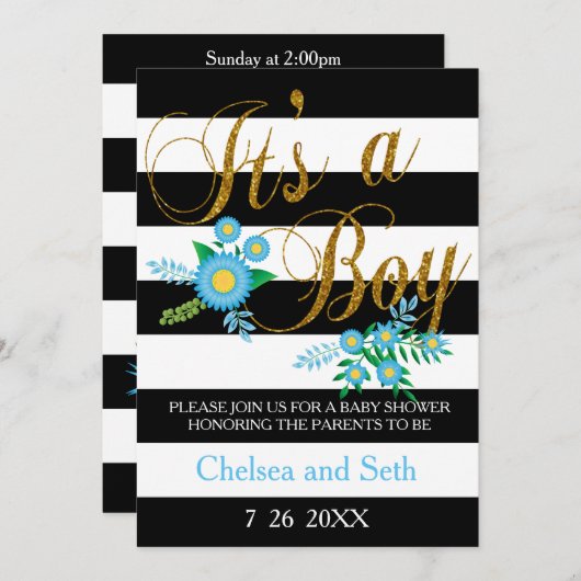 白黒のストライプ |青のフローラ |ベビーシャワー 招待状 (正面/裏面)