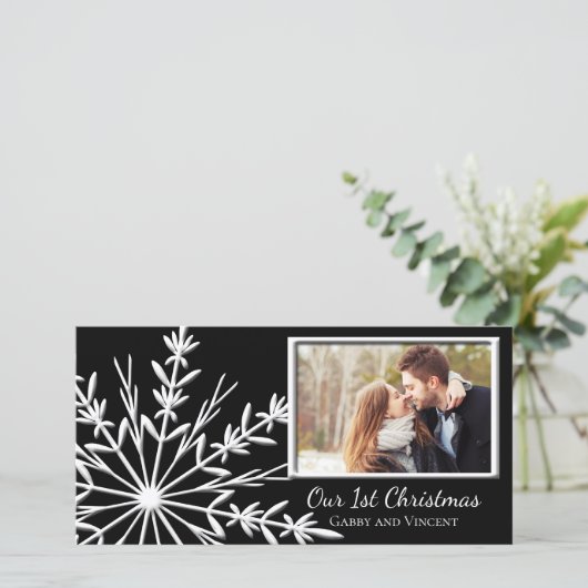 白黒のスノーフレーク初めてのクリスマスを一緒に シーズンカード (スタンド正面)