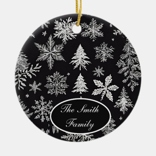 白黒のスノーフレーク*パーソナライズ* セラミックオーナメント (正面)