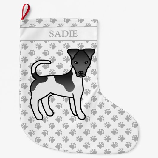 白黒のスムースフォックステリア犬と名前 ラージクリスマスストッキング (正面)