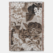 白黒のセピア色のブラウンのヴィンテージ花のToile No.1 スローブランケット (正面縦)