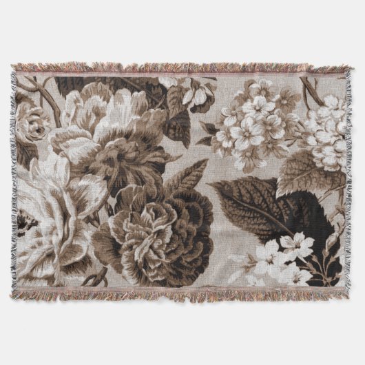 白黒のセピア色のブラウンのヴィンテージ花のToile No.1 スローブランケット (正面)