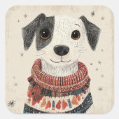 白黒のセーターを着た子犬と雪 スクエアシール (正面)