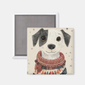 白黒のセーターを着た子犬と雪 マグネット (正面/裏面)