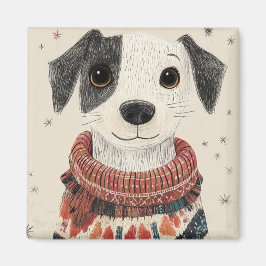 白黒のセーターを着た子犬と雪 マグネット