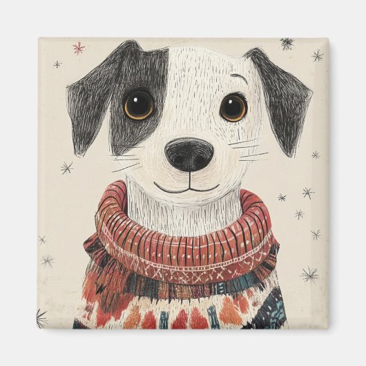 白黒のセーターを着た子犬と雪 マグネット (正面)