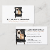 白黒のソファに座るパグ犬と猫のペット 名刺 (正面/裏面)