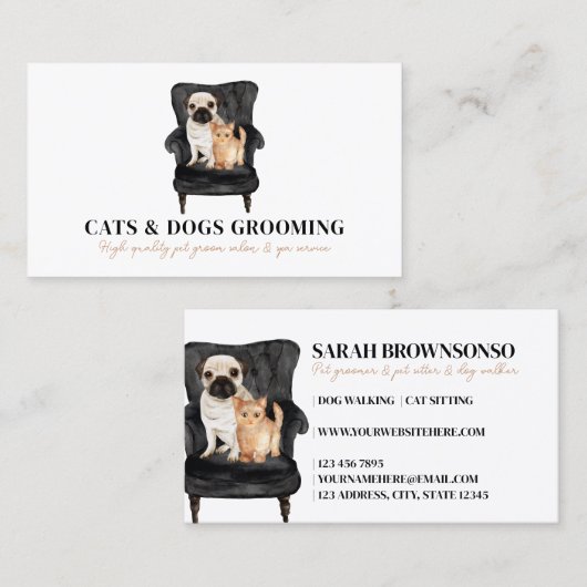 白黒のソファに座るパグ犬と猫のペット 名刺 (正面/裏面)