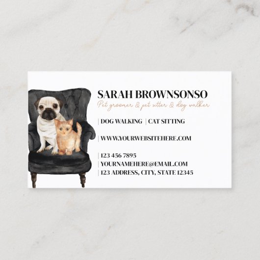 白黒のソファに座るパグ犬と猫のペット 名刺 (裏面)