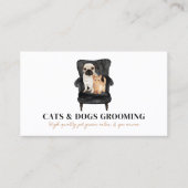 白黒のソファに座るパグ犬と猫のペット 名刺 (正面)