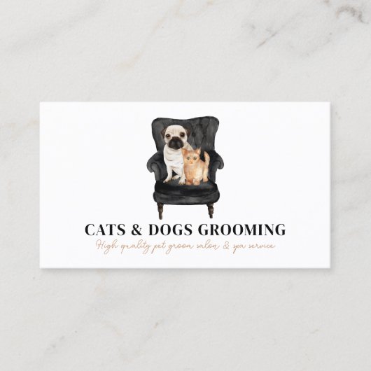 白黒のソファに座るパグ犬と猫のペット 名刺 (正面)