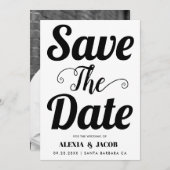 白黒のタイポグラフィと背面の写真 セーブザデート (正面/裏面)