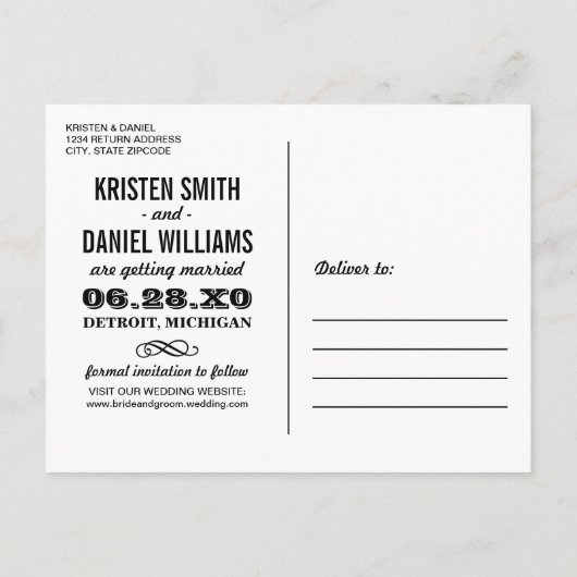 白黒のタイポグラフィ写真の日付の保存 案内ポストカード (裏面)