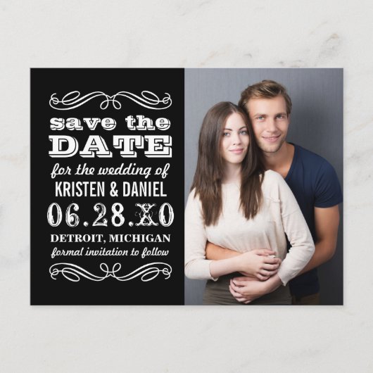 白黒のタイポグラフィ写真の日付の保存 案内ポストカード (正面)