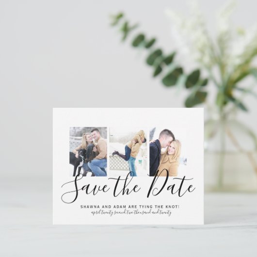 白黒のタイポグラフィ写真の日付の保存 案内状 (スタンド正面)