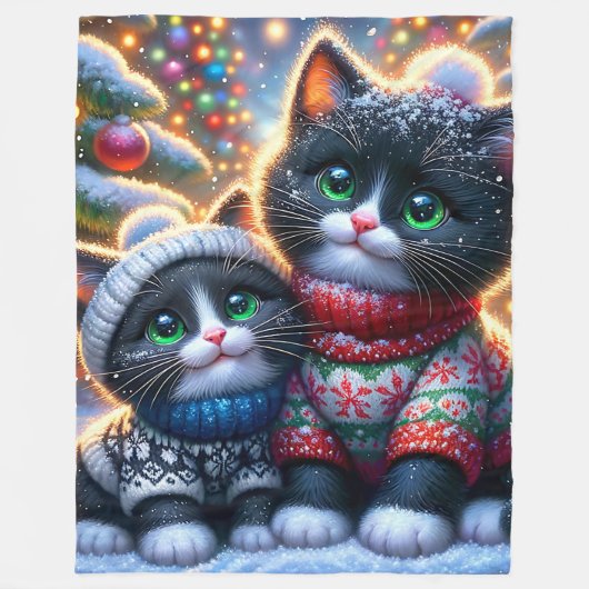 「白黒のタキシード子猫の初めてのクリスマス」 フリースブランケット (正面)