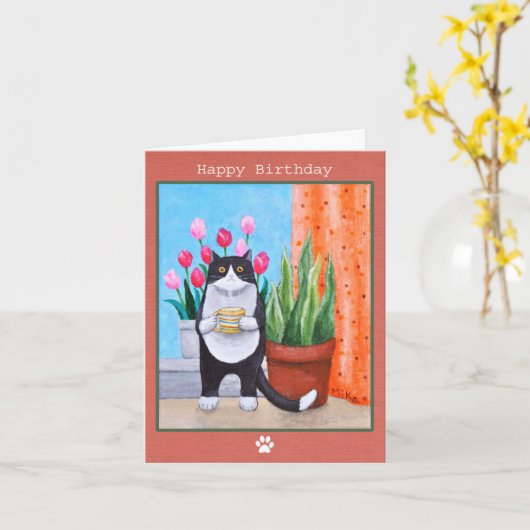 白黒のタキシード猫とコーヒー誕生日 カード (黄色い花)
