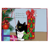 白黒のタキシード猫のクリスマスツリー ラージペーパーバッグ (裏面)