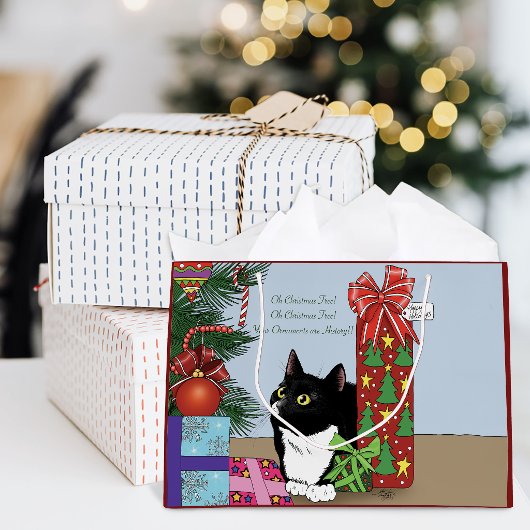 白黒のタキシード猫のクリスマスツリー ラージペーパーバッグ