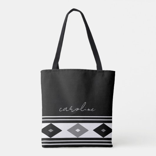 白黒のダイヤモンドストライプとダイヤモンドの形状 トートバッグ (裏面)