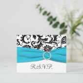 白黒のダマスクと青いRSVPポストカード インビテーションポストカード (スタンド正面)