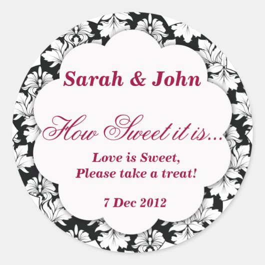 白黒のダマスクどのように甘いステッカー ラウンドシール (正面)