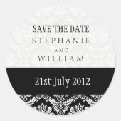 白黒のダマスクのウェディングステッカー ラウンドシール (正面)