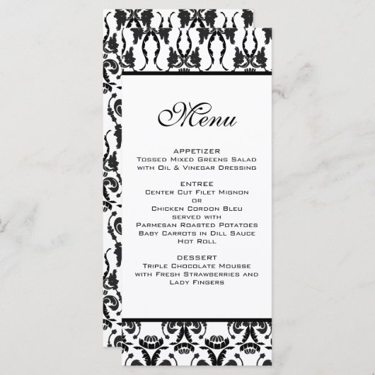 白黒のダマスクのウェディングメニュー メニュー (正面/裏面)