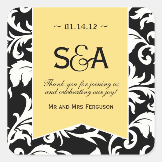 白黒のダマスクの好意ステッカー スクエアシール (正面)