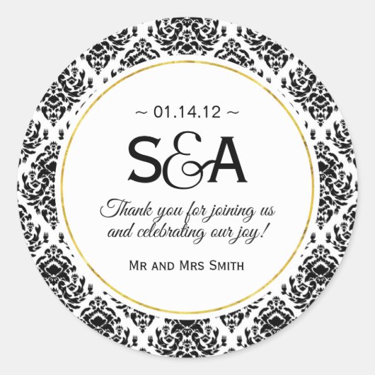 白黒のダマスクの好意ステッカー ラウンドシール (正面)