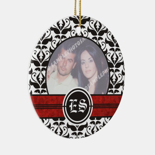 白黒のダマスクの結婚式の写真オーナメント セラミックオーナメント (右)