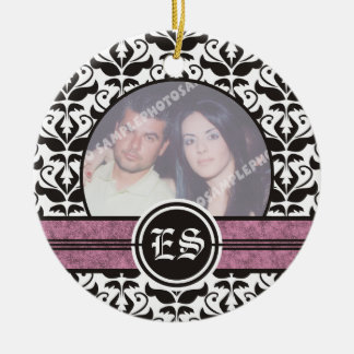 白黒のダマスクの結婚式の写真オーナメント セラミックオーナメント