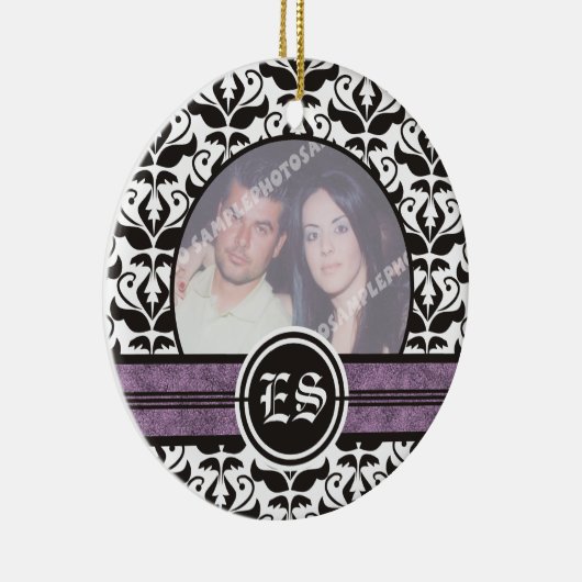 白黒のダマスクの結婚式の写真オーナメント セラミックオーナメント (右)
