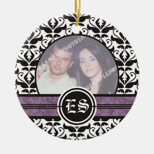 白黒のダマスクの結婚式の写真オーナメント セラミックオーナメント (正面)