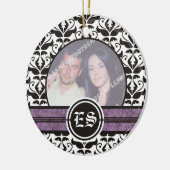 白黒のダマスクの結婚式の写真オーナメント セラミックオーナメント (左)