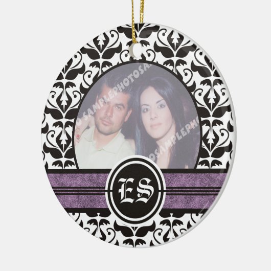 白黒のダマスクの結婚式の写真オーナメント セラミックオーナメント (左)