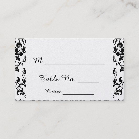 白黒のダマスクの結婚式座席表 プレイスカード (正面)