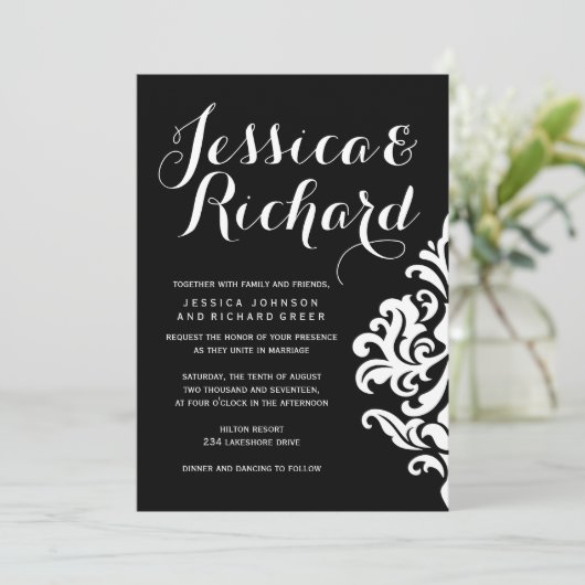 白黒のダマスクの結婚式招待状 招待状 (スタンド正面)