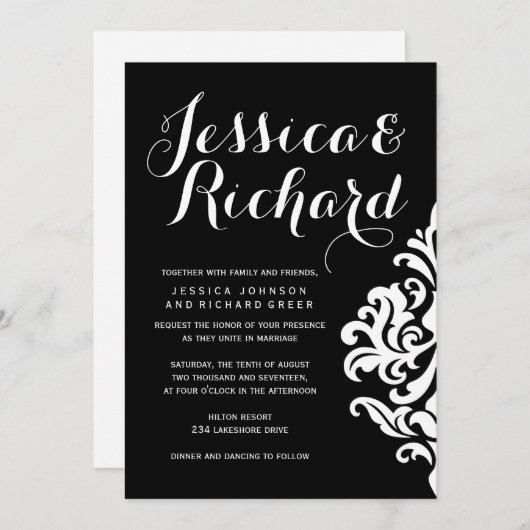 白黒のダマスクの結婚式招待状 招待状 (正面/裏面)