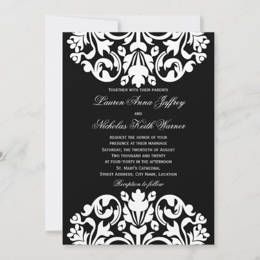白黒のダマスクの結婚式招待状 招待状 (正面)