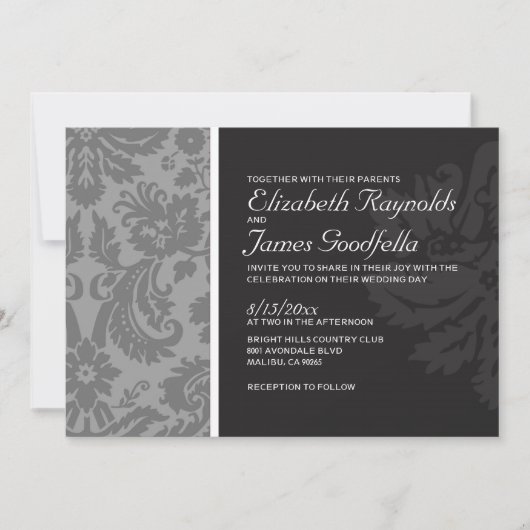 白黒のダマスクの結婚式招待状 招待状 (正面)