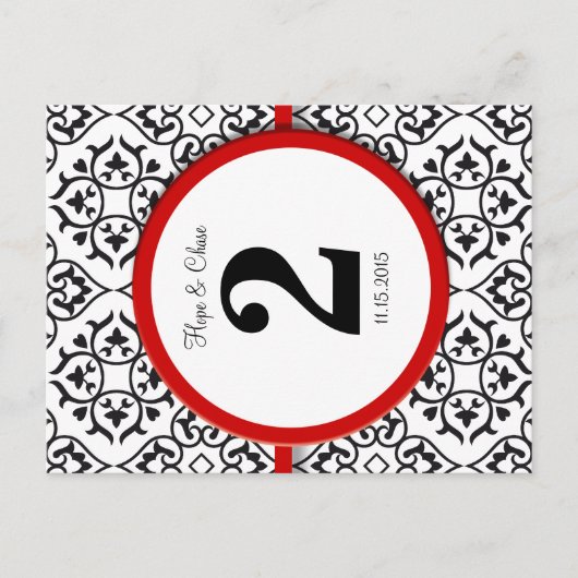 白黒のダマスクの赤いトリムテーブル番号 ポストカード (正面)