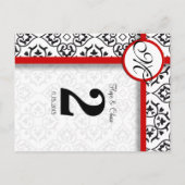 白黒のダマスクの赤いトリムテーブル番号 ポストカード (裏面)