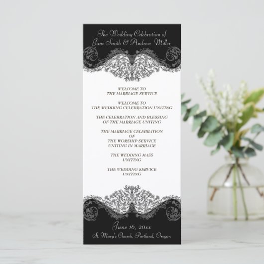 白黒のダマスクエレガント結婚式プログラム プログラム (スタンド正面)