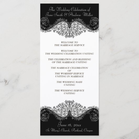 白黒のダマスクエレガント結婚式プログラム プログラム (正面)