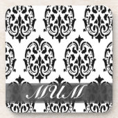 白黒のダマスクパーソナライズされたママ コースター (正面)